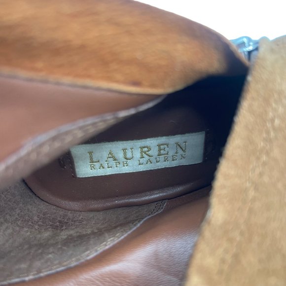 Lauren Ralph Lauren Camel Suede and Leather Fringe High Heel Boots Size 7 - Picture 9 of 11